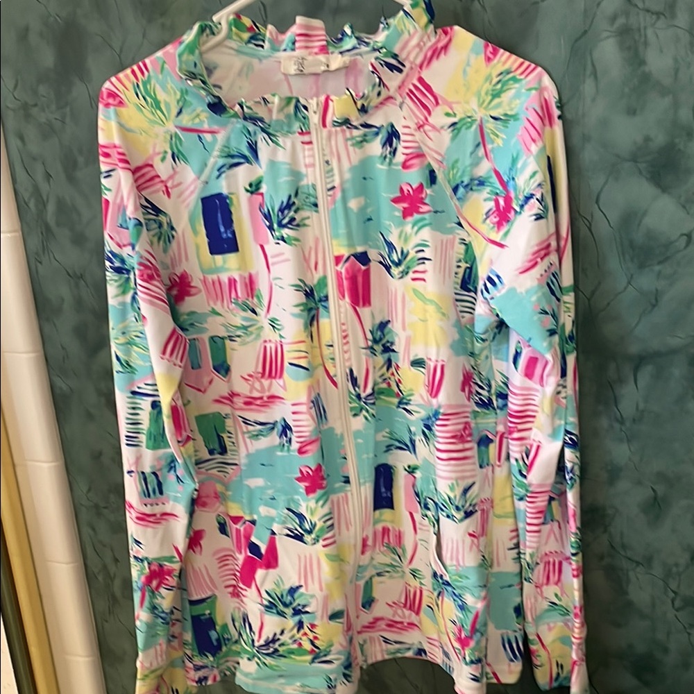 Colorful Women's Zip-Up Top w/Ruffle neck